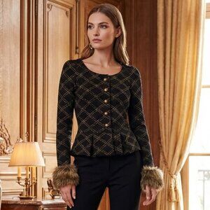 Vintage Betsey Johnson Black & Gold Fur-Cuffed Peplum Cardigan Sweater – Size M